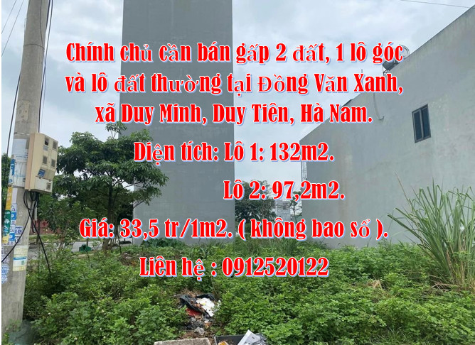 Chính chủ cần bán gấp 2 đất, 1 lô góc và lô đất thường tại Đồng Văn Xanh, xã Duy Minh, Duy Tiên, Hà - Ảnh chính