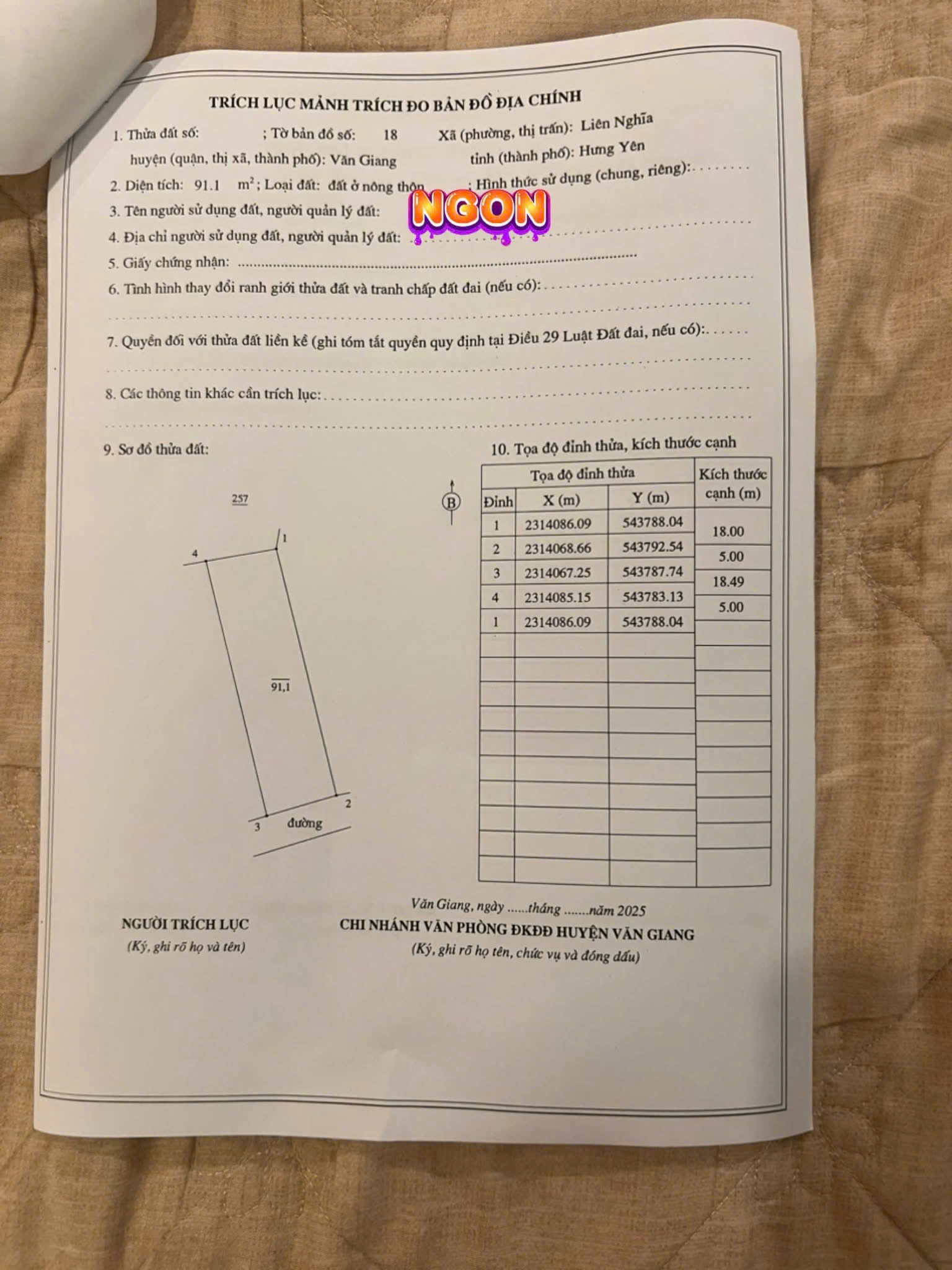 CHÍNH CHỦ GỬI BÁN LÔ ĐẤT 91M2 TRỤC CHÍNH PHI LIỆT , CHỈ 5XTR/M2. LH;0969616225 - Ảnh 1