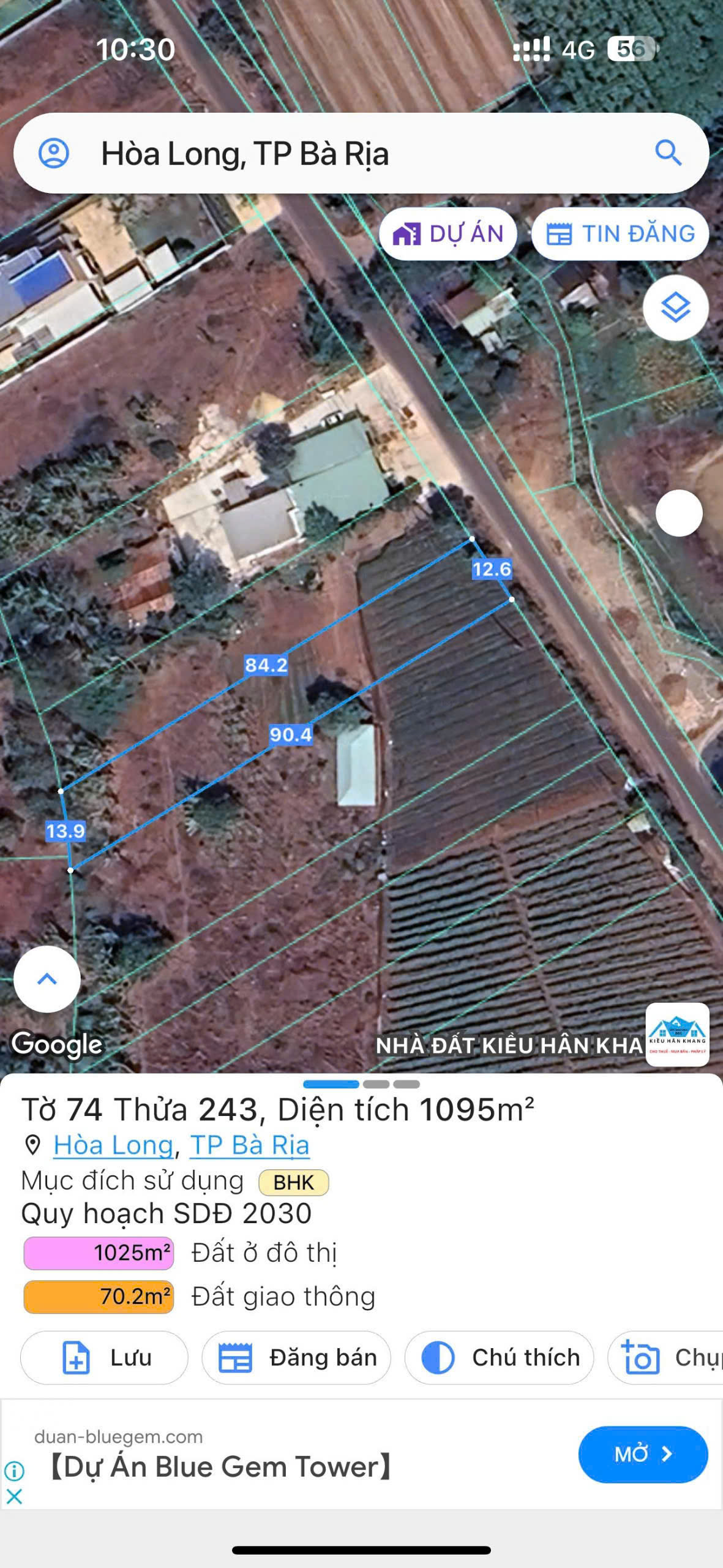 BÁN 1095M ĐẤT MẶT TIỀN ĐƯỜNG SỐ 55 XÃ HÒA LONG BÀ RỊA VŨNG TÀU. LH:0707607272. - Ảnh 1