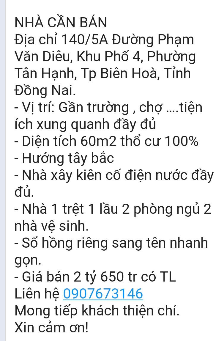 BÁN NHÀ PHƯỜNG TÂN HẠNH TP BIÊN HOÀ DT 60M2 SHR CHỈ 2 TỶ 650 TR. LH: 0907673146. - Ảnh chính