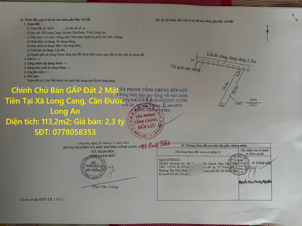 Chính Chủ Bán GẤP Đất 2 Mặt Tiền Tại Xã Long Cang, Cần Đước, Long An - Ảnh chính