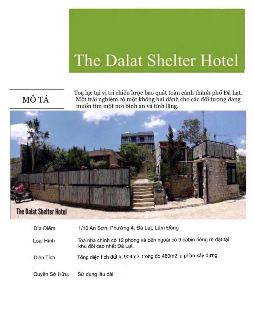 CHÍNH CHỦ CẦN BÁN KHÁCH SẠN " The Dalat Shelter Hotel " NẰM TRÊN ĐỈNH ĐỒI AN SƠN - ĐÀ LẠT - Ảnh chính