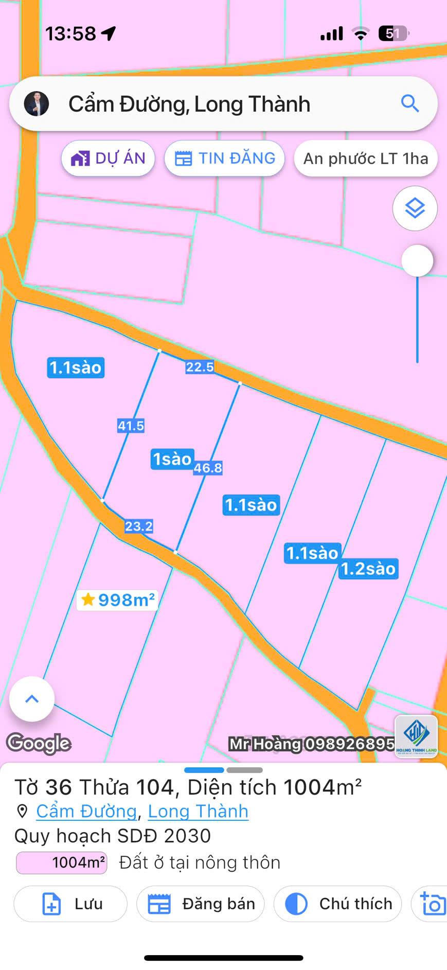 BÁN 5 LÔ ĐÂT 1000M² LIỀN KỀ 2 MẶT TIỀN ĐƯỜNG TẠI CẨM ĐƯỜNG LONG THÀNH LH TÀI 0921227788 - Ảnh chính