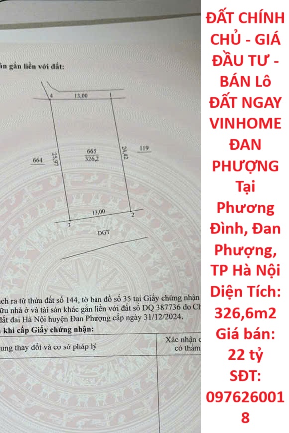 ĐẤT CHÍNH CHỦ - GIÁ ĐẦU TƯ - BÁN Lô ĐẤT NGAY VINHOME ĐAN PHƯỢNG - Ảnh chính