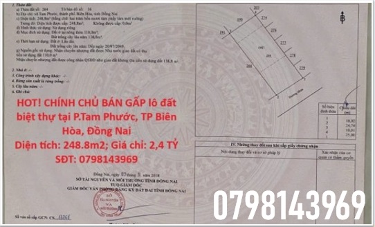 ⭐️HOT! CHÍNH CHỦ BÁN GẤP lô đất biệt thự tại P.Tam Phước, Biên Hòa, Đồng Nai; 2,4 tỷ, 0798143969 - Ảnh chính