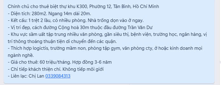 Chính chủ cho thuê biệt thự khu K300, Phường 12, Tân Bình, Hồ Chí Minh - Ảnh chính