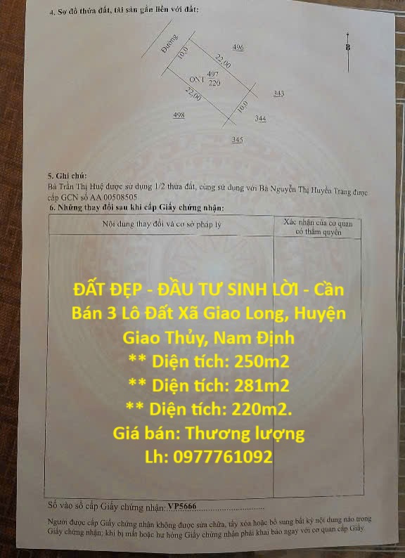 ĐẤT ĐẸP - ĐẦU TƯ SINH LỜI - Cần Bán 3 Lô Đất Xã Giao Long, Huyện Giao Thủy, Nam Định - Ảnh chính