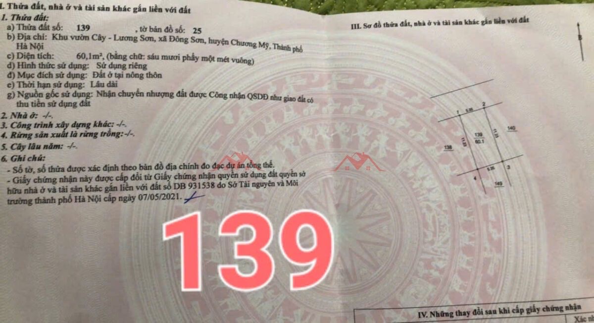 CHÍNH CHỦ BÁN LÔ ĐẤT 60,1M TẠI KHU VƯỜN CÂY LƯƠNG SƠN-ĐÔNG SƠN-CHƯƠNG MỸ-HÀ NỘI - Ảnh 1