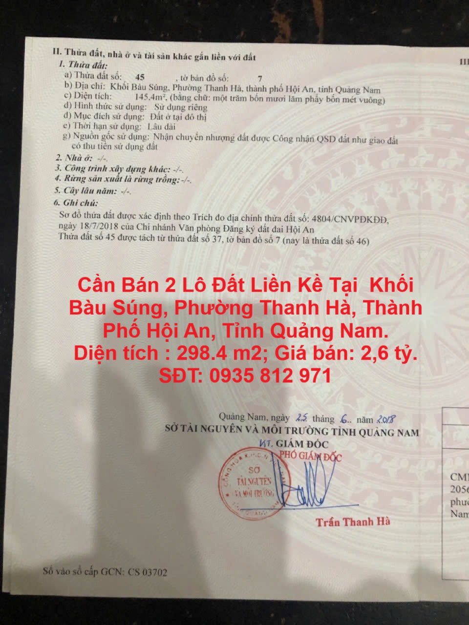 Cần Bán 2 Lô Đất Liền Kề Tại  Khối Bàu Súng, Phường Thanh Hà, Thành Phố Hội An, Tỉnh Quảng Nam. - Ảnh chính