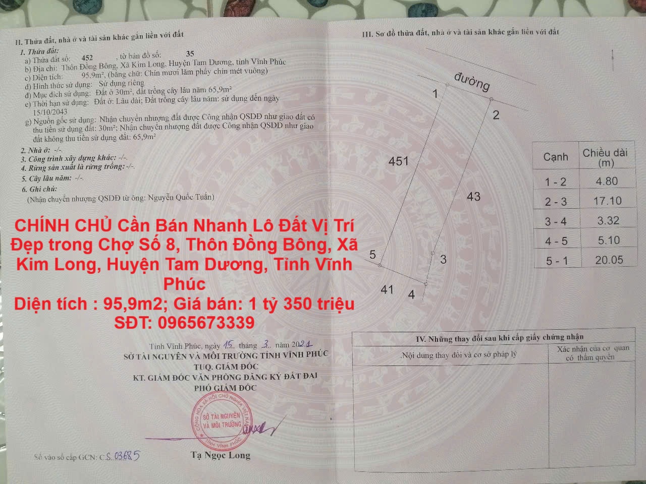 CHÍNH CHỦ Cần Bán Nhanh Lô Đất Vị Trí Đẹp trong Chợ Số 8, Kim Long ,Huyện Tam Dương,Vĩnh Phúc - Ảnh chính