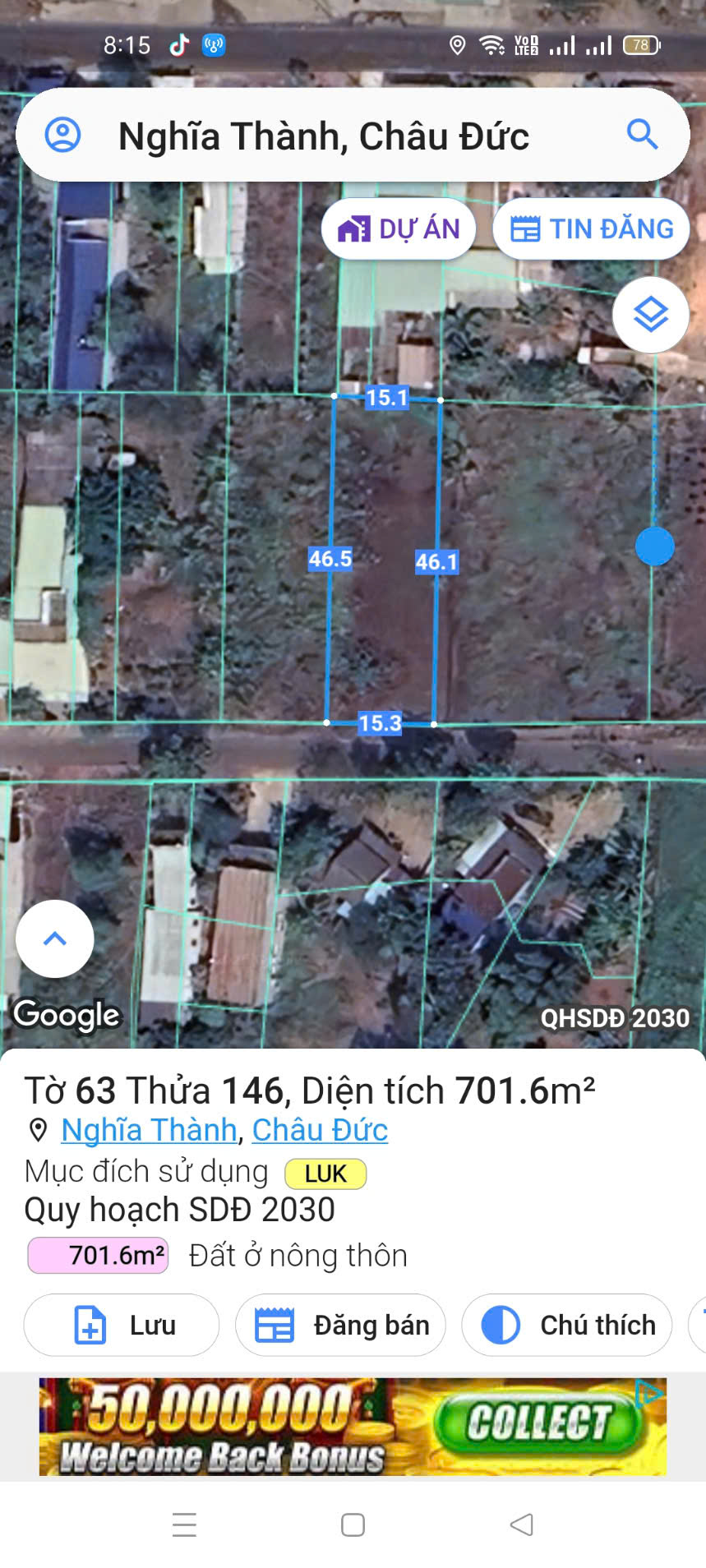 Chủ cần tiền bán 15m đ33 full hồng chưa thổ cư khu dân cư - Ảnh chính