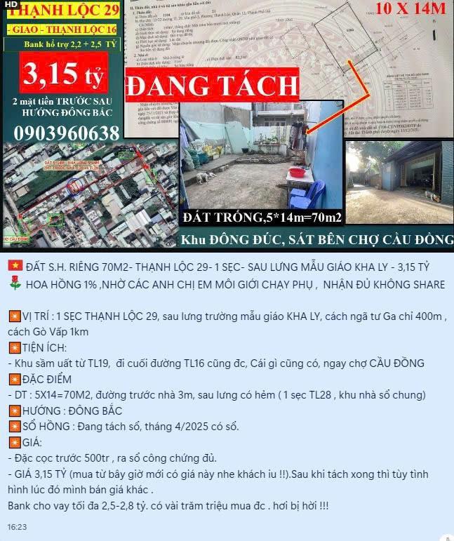 ĐẤT S.H. RIÊNG 70M2- THẠNH LỘC 29- 1 SẸC- SAU LƯNG MẪU GIÁO KHA LY - 3,750 TỶ - Ảnh 1