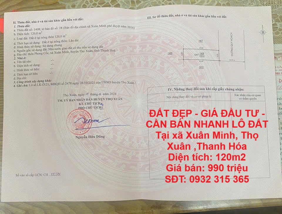 ĐẤT ĐẸP - GIÁ ĐẦU TƯ - CẦN BÁN NHANH LÔ ĐẤT Tại xã Xuân Minh, Thọ Xuân ,Thanh Hóa - Ảnh chính