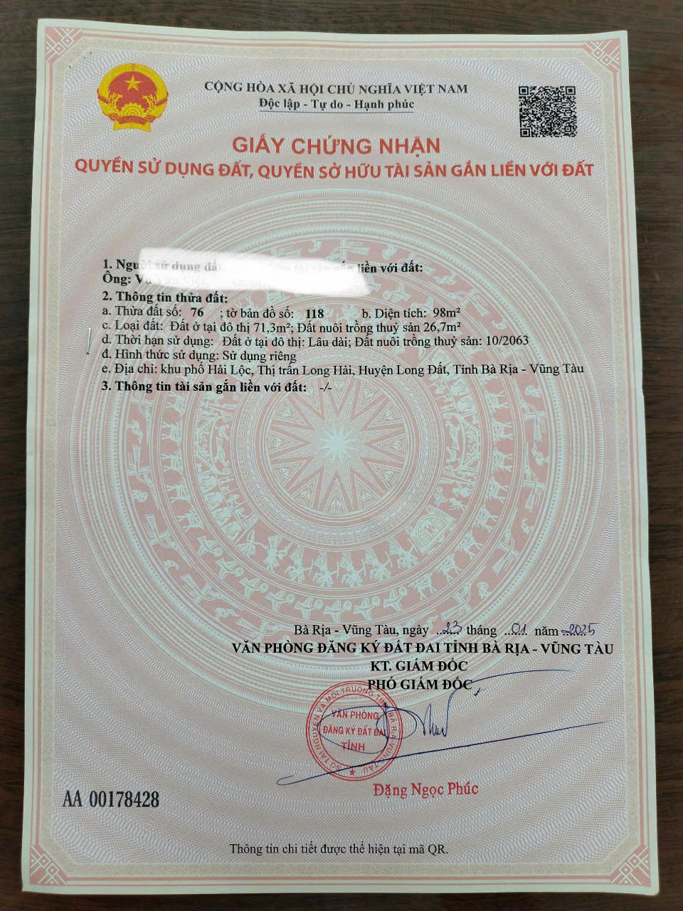 Chủ cần tiền bán 98mv 73m thổ cư tt long hải - Ảnh 1