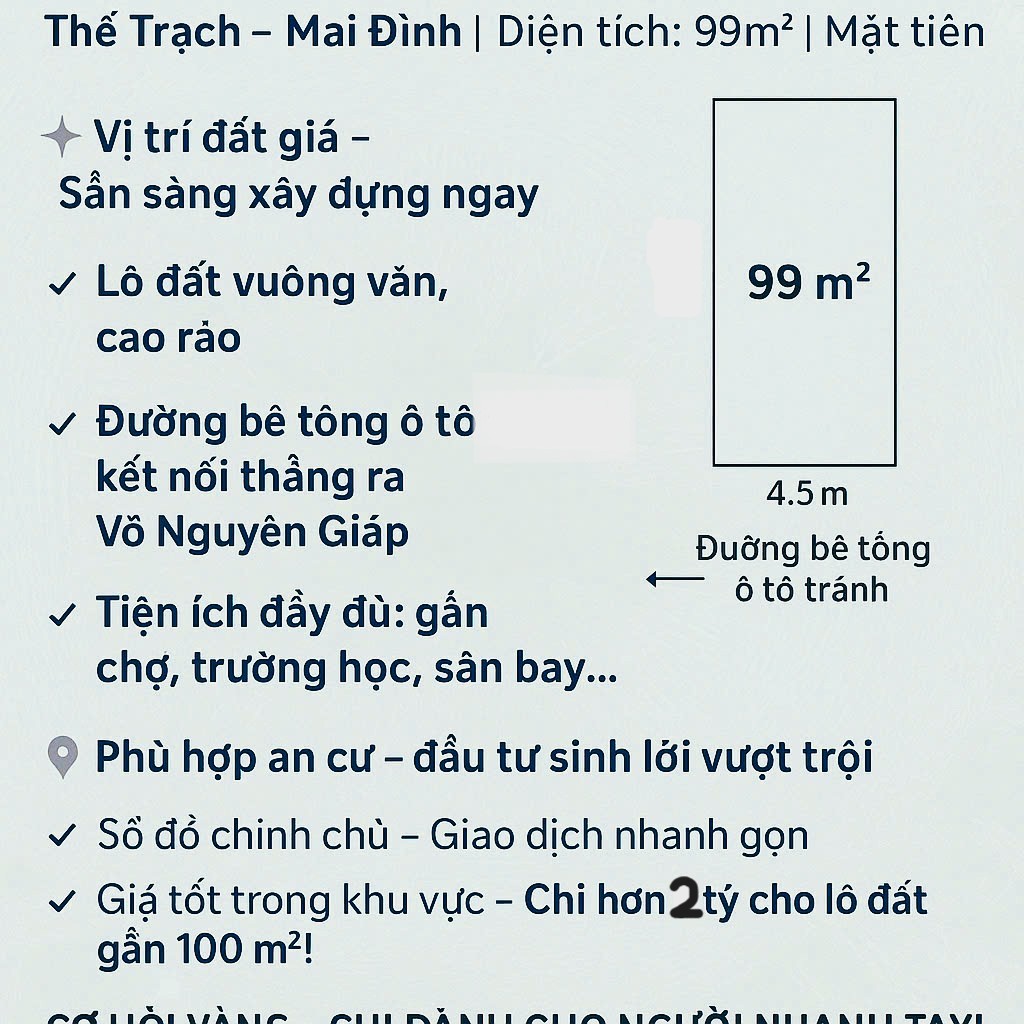 Mua đất Thế Trạch-Mai Đình giá rẻ alo e có ngay 99m ô tô nhỏ ngủ trong nhà. - Ảnh chính