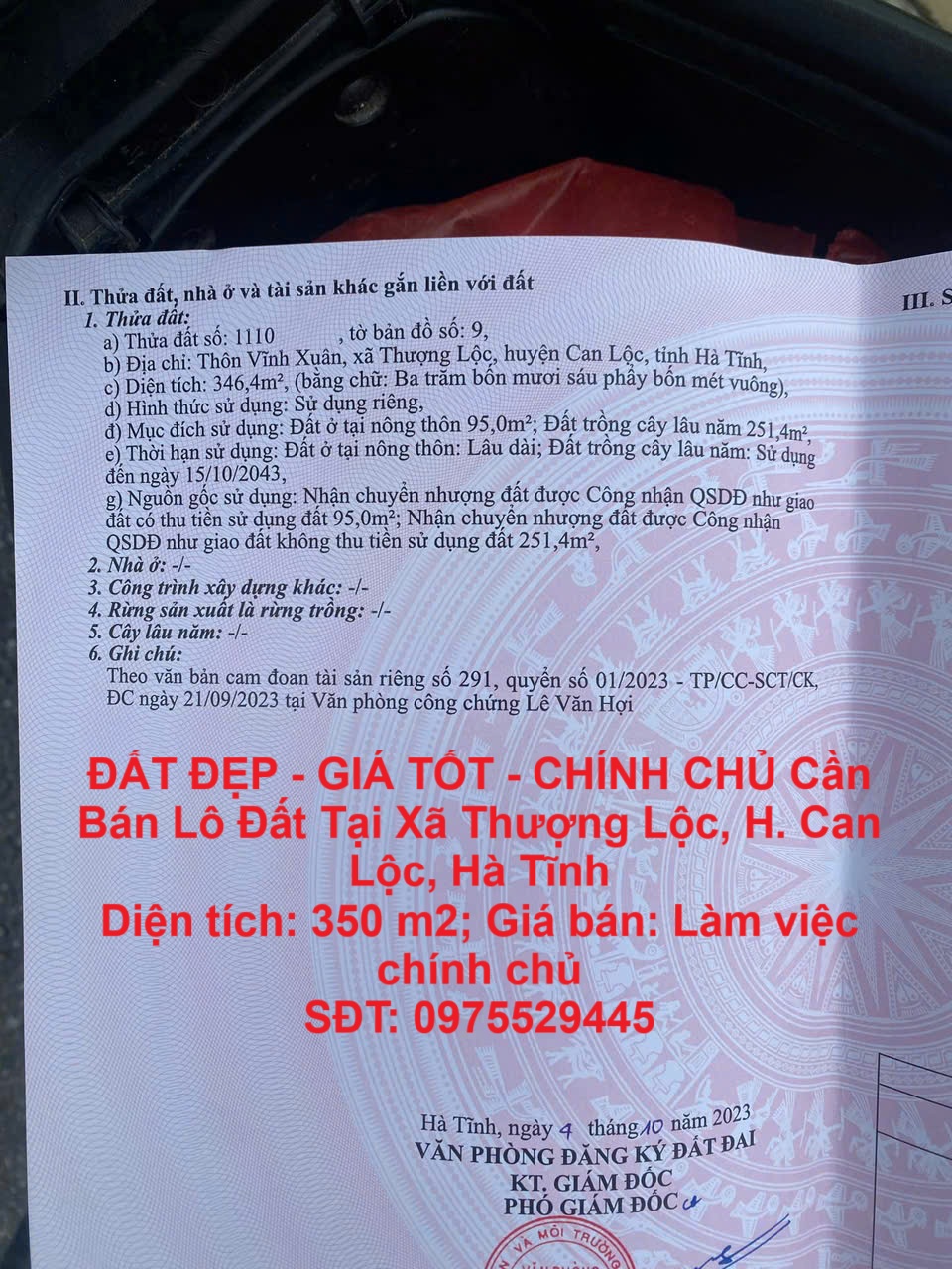 ĐẤT ĐẸP - GIÁ TỐT - CHÍNH CHỦ Cần Bán Lô Đất Tại Xã Thượng Lộc, H. Can Lộc, Hà Tĩnh - Ảnh chính