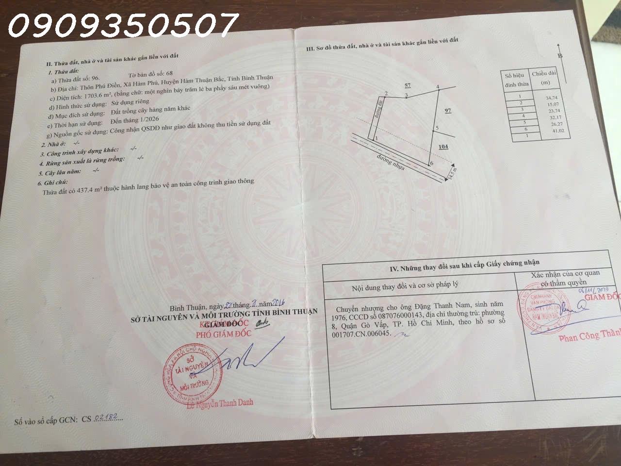 CC định cư nước ngoài cần bán nhanh, bán gấp lô đất MT đường nhựa Xã Hàm Phú, Bình Thuận - Ảnh 2