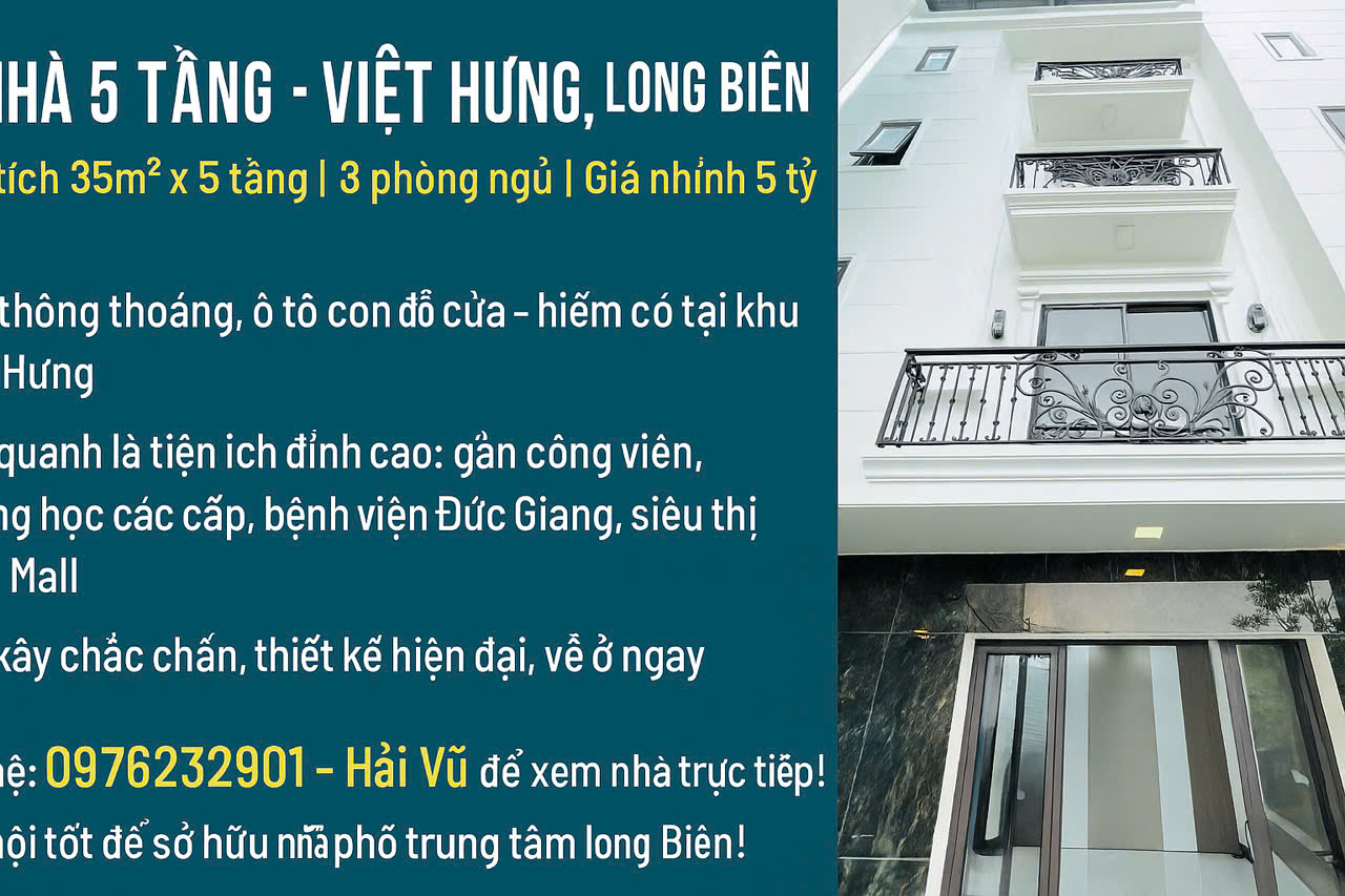 BÁN NHÀ 5 TẦNG - 35M2 - VIỆT HƯNG - LONG BIÊN - NGÕ THÔNG - XE CON ĐỖ CỬA - NHỈNH 5 TỶ - Ảnh chính