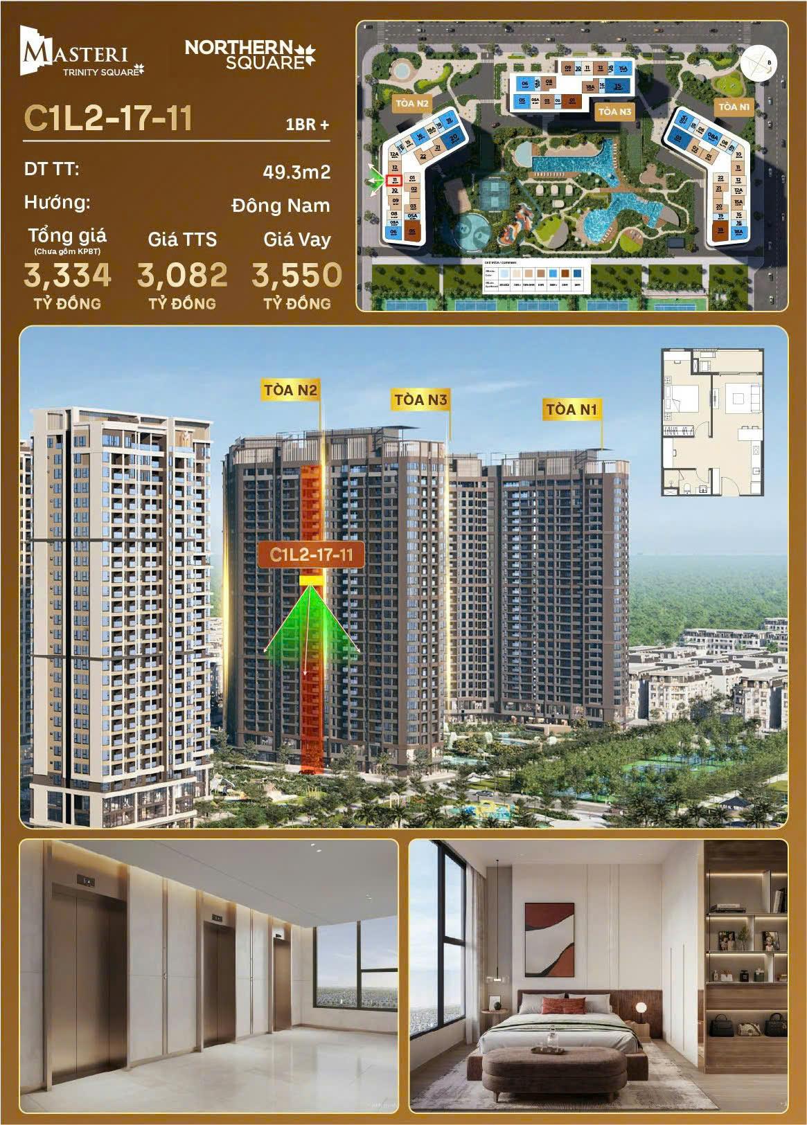 Chung cư Masteri Trinity Square – Vinhomes Ocean Park 2, Căn 1PN+ diện tích 49,3m2 hướng Đông Nam - Ảnh chính