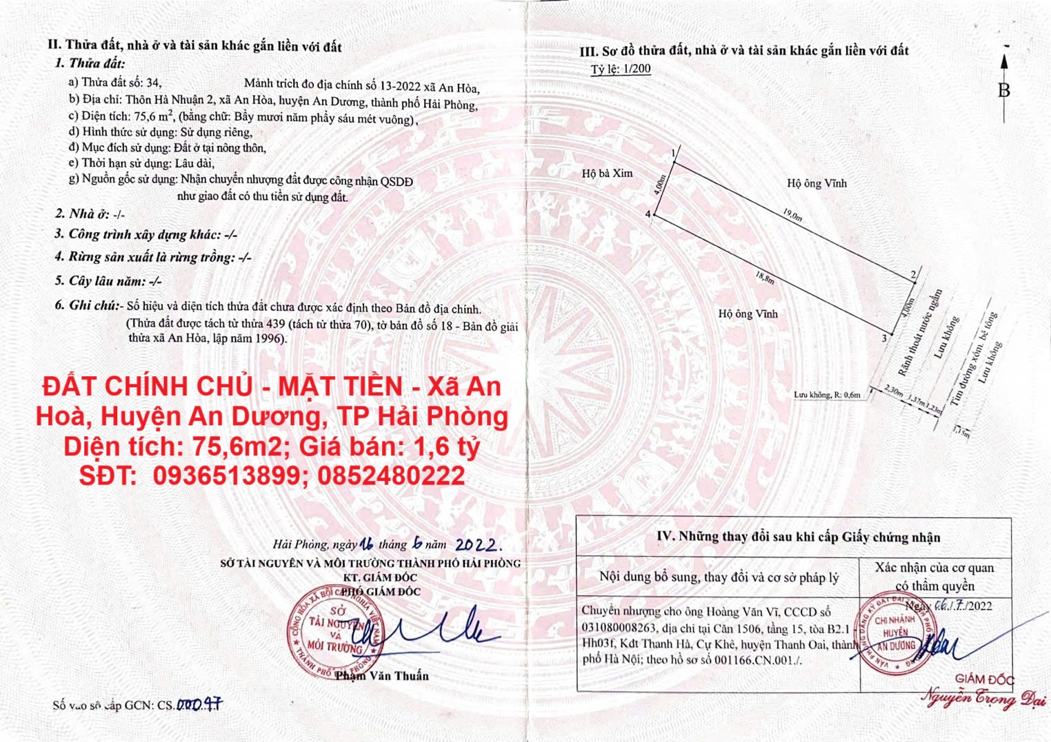 ĐẤT CHÍNH CHỦ - MẶT TIỀN - Xã An Hoà, Huyện An Dương, TP Hải Phòng - Ảnh chính