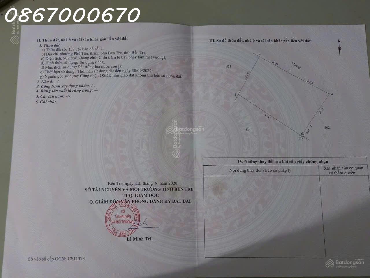 Cần tiền bán nhanh lô đất 907,8m2 tại Tường Đa, Châu Thành, Bến Tre, giá đầu tư - Ảnh chính