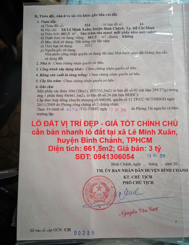 LÔ ĐẤT VỊ TRÍ ĐẸP - GIÁ TỐT CHÍNH CHỦ cần bán nhanh lô đất tại huyện Bình Chánh, TPHCM - Ảnh chính