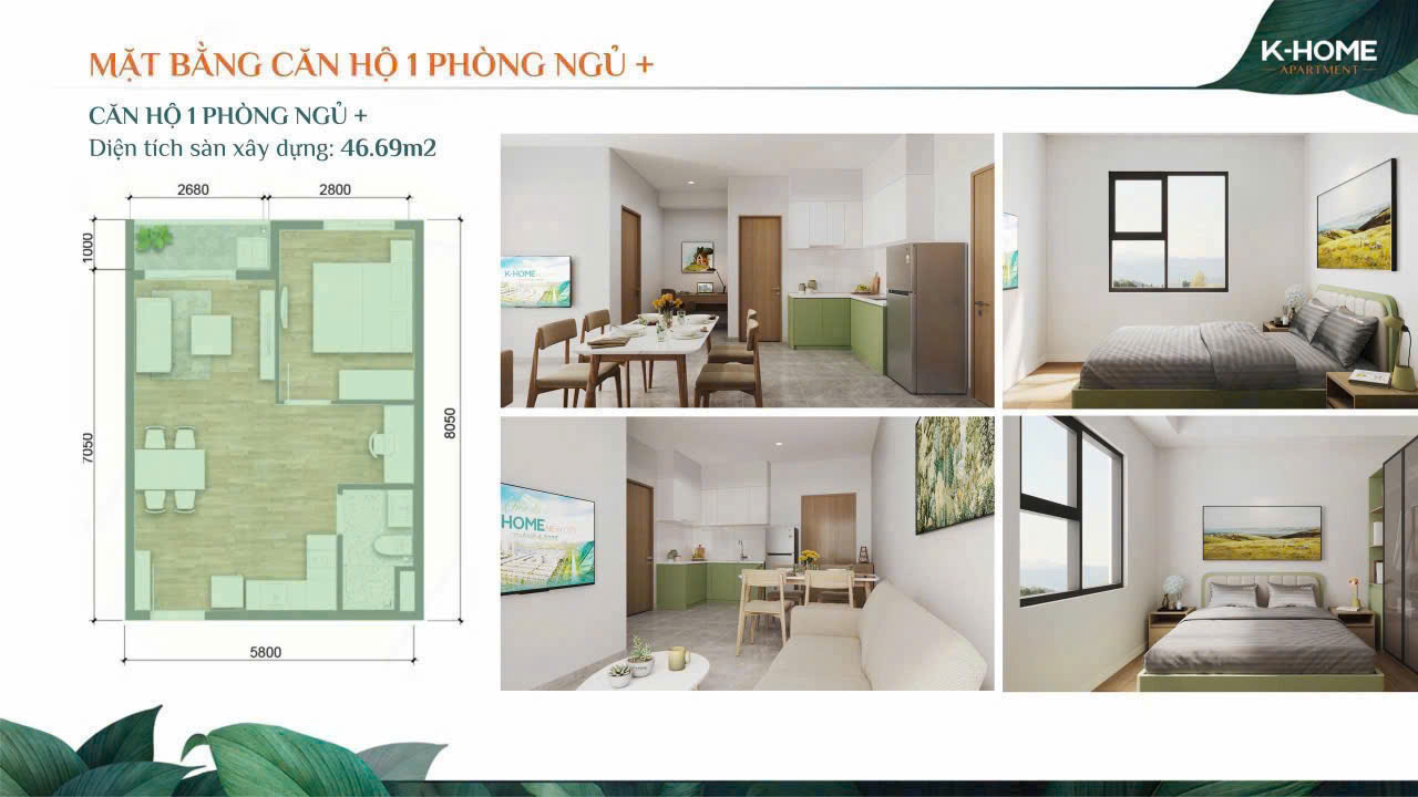 Bán căn hộ K‑Home 46,69m² – 1 phòng ngủ riêng, giá chỉ 978 triệu, vay ngân hàng dễ dàng - Ảnh chính