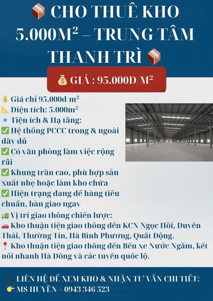 CHO THUÊ KHO 5.000M² – TRUNG TÂM THANH TRÌ - Ảnh 1